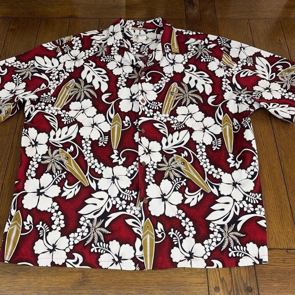 KY's Hawaiian Shirt Mens 3XL Made in Hawaii USA Hibiscus Surfboard Red White